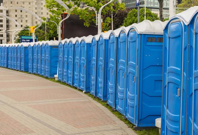 a line of portable restrooms set up for a wedding or special event, ensuring guests have access to comfortable and clean facilities throughout the duration of the celebration in Eagan MN